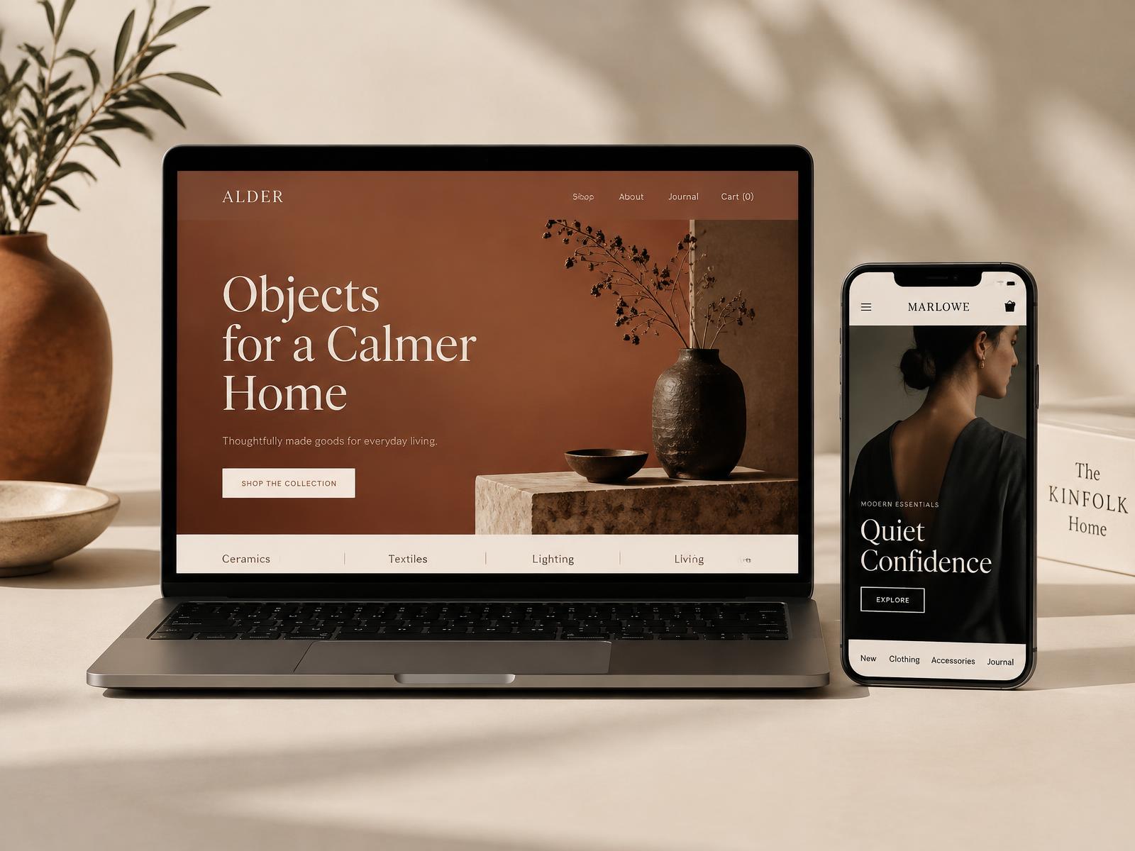 Website designs on laptop and phone